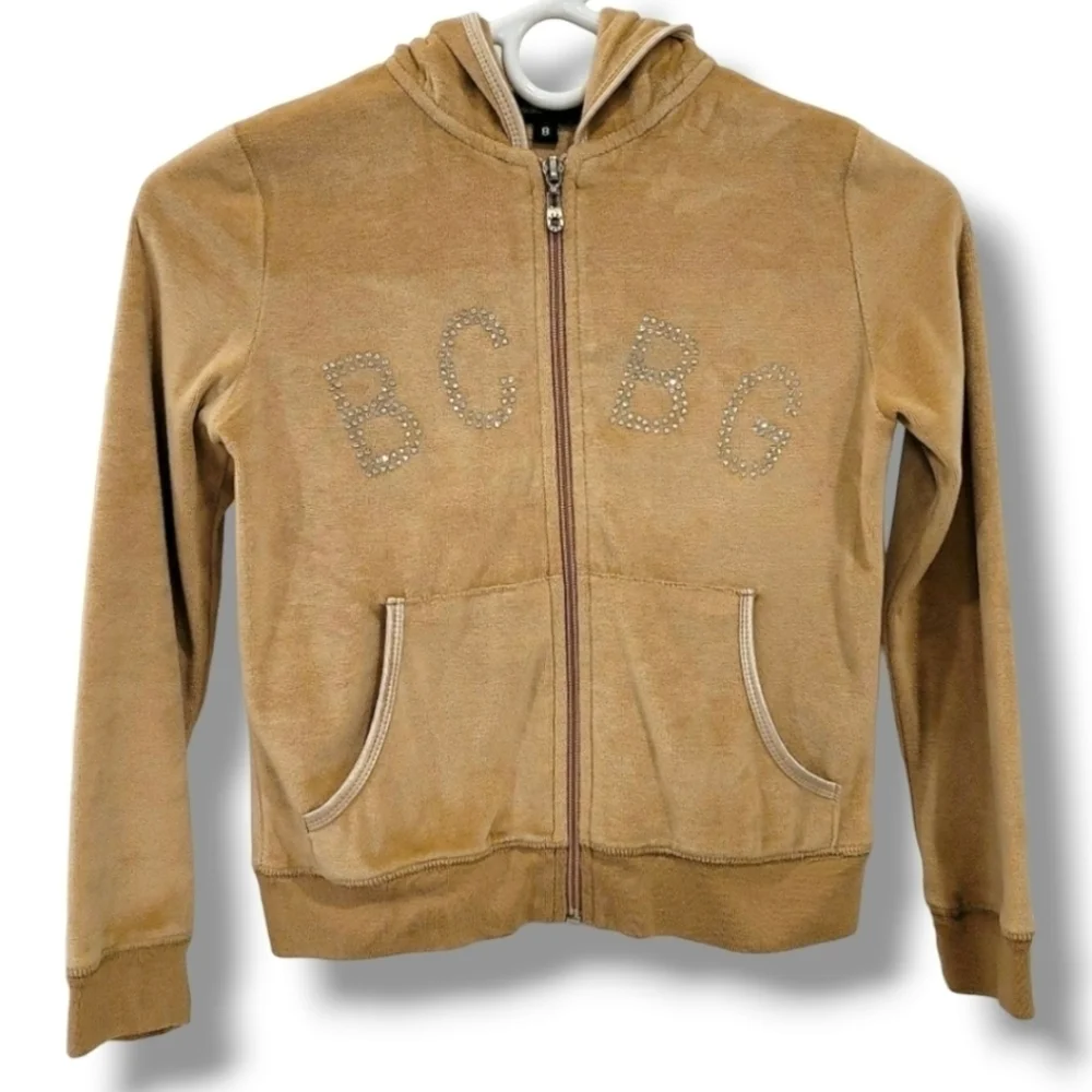 BCBGMaxAzria Hooded Gold Velvet Rhinestone Jacket - Size Girls 8